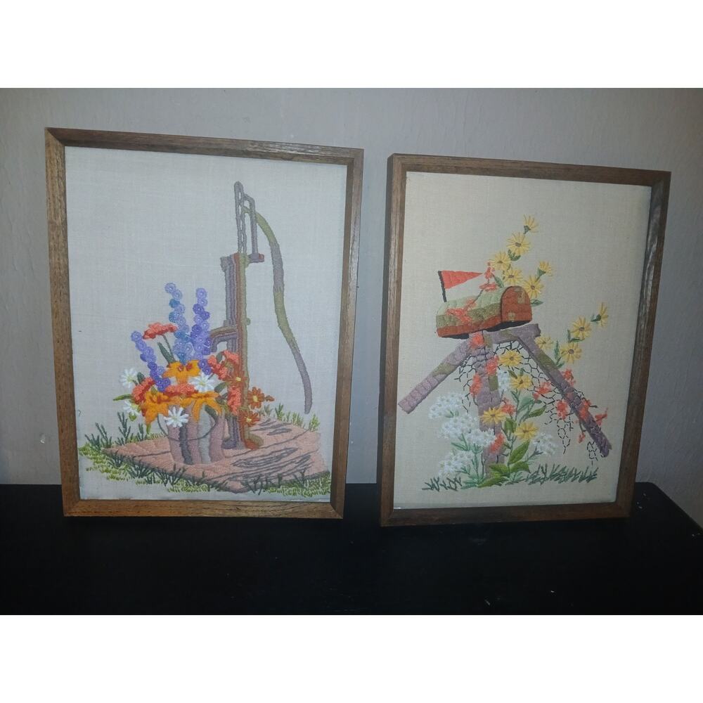 2 Vintage Crewel Embroidery Framed Art Handmade Outdoor Mail Box Pump 17x13